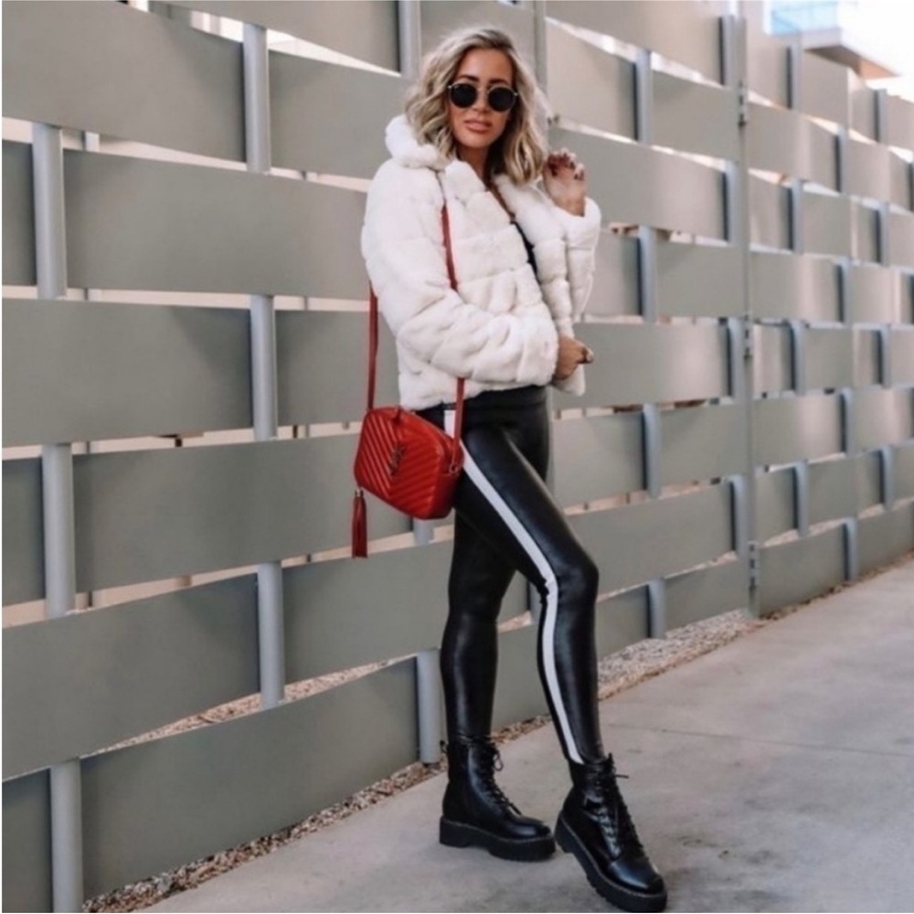 SPANX Faux Leather Leggings Tummy Control With Side Stripe Size L Tuxedo Pants - Picture 2 of 12